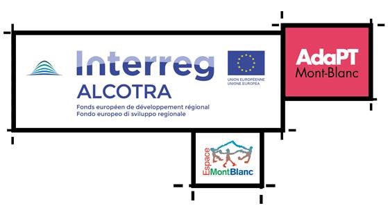 Logo Interreg Alcotra, Logo AdaPT Mont-Blanc, Logo Espace MontBlanc 